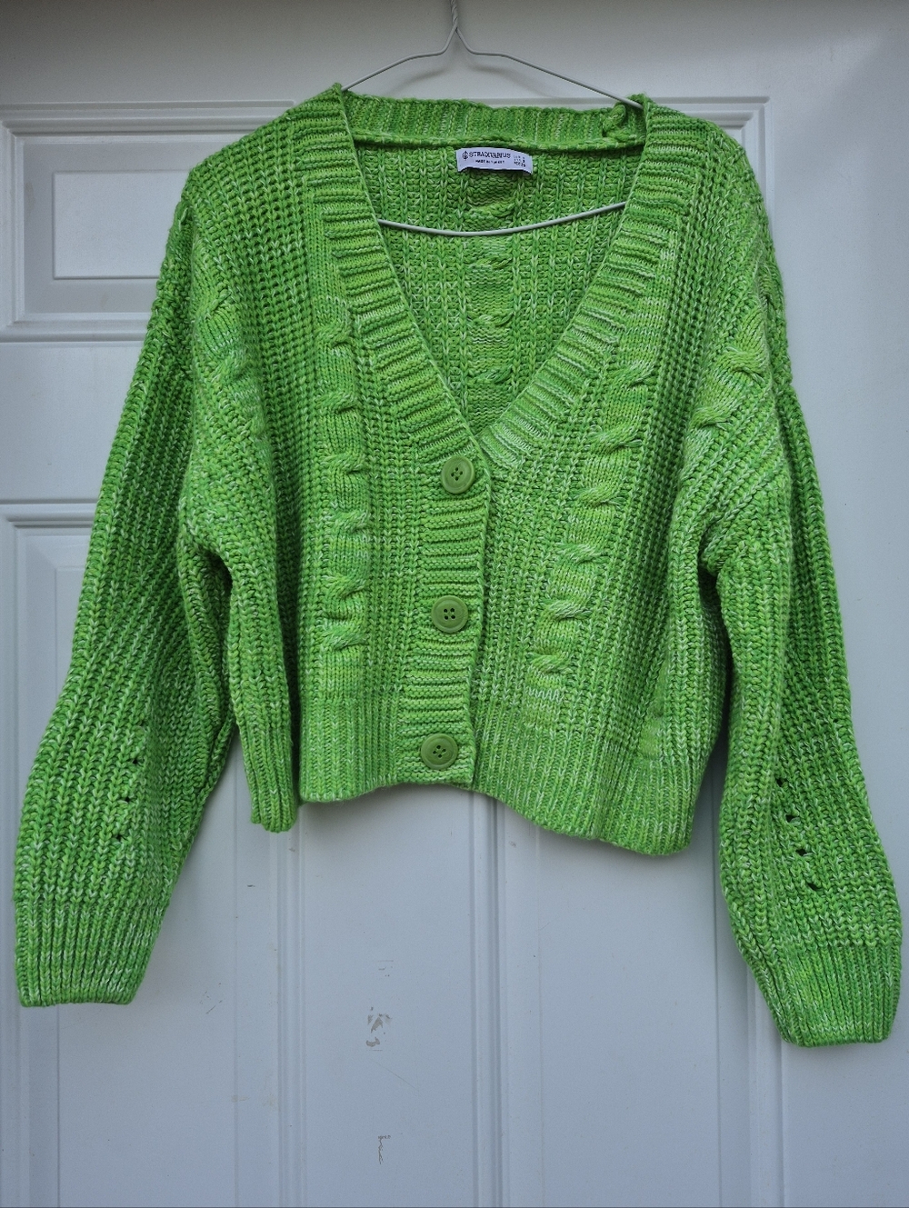 Bright Green Cropped Colorful Knit Button Front Relaxed Fit Cardigan Sweater - Picture 2 of 8